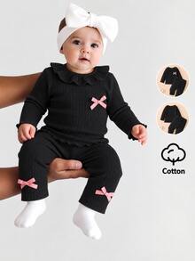 SHEIN Newborn Soft Cotton Crew Neck Bow Decor Long Sleeve Top And Pants Set, Comfortable And Skin-Friendly, Autumn/Winter Fall - Black - View 1