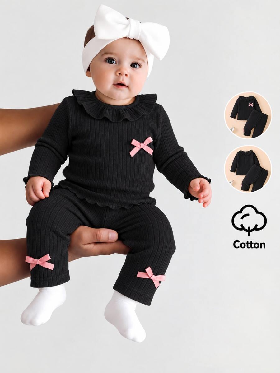 SHEIN Newborn Soft Cotton Crew Neck Bow Decor Long Sleeve Top And Pants Set, Comfortable And Skin-Friendly, Autumn/Winter Fall - Black - View 1