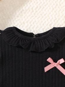 SHEIN Newborn Soft Cotton Crew Neck Bow Decor Long Sleeve Top And Pants Set, Comfortable And Skin-Friendly, Autumn/Winter Fall - Black - View 5