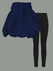 青少年女孩休閒極簡美式字母圖案抓絨內裡連帽衫與修身緊身褲2件套，舒適秋冬風格，秋季新款，返校季，Y2K - 彩色 - 查看 3