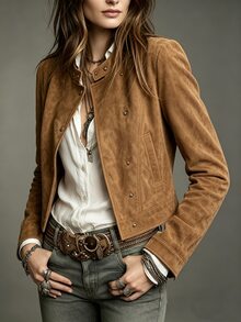 SHEIN Jaket Pendek Wanita Warna Cokelat Bahan Suede Imitasi Kerah Tegak Kancing Jepret Logam Lengan Panjang Gaya Vintage Western Kasual Era 80-an - Coklat - View 8