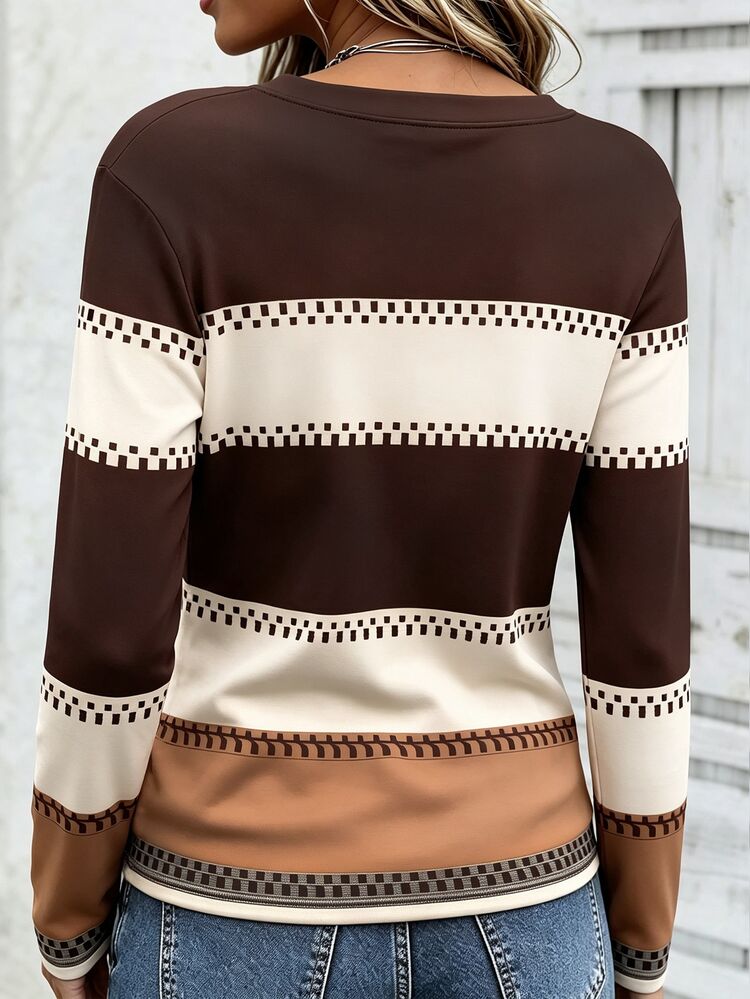 SHEIN LUNE Women's Outerwear Top, Spring/Autumn New Style, Long Sleeve T-Shirt, Multi-Color, Vintage Striped, Holiday Outfit, Teacher's Day, Women's Long Sleeve T-Shirt - Multicolor - View 2