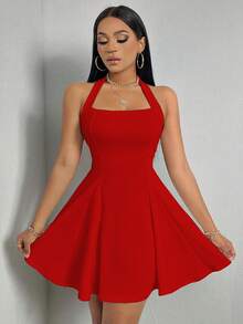 Zolique Vestido de cuello halter sin espalda de color sólido para ropa de Año Nuevo - Rojo - Ver 5