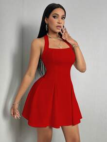 Zolique Vestido de cuello halter sin espalda de color sólido para ropa de Año Nuevo - Rojo - Ver 6