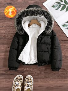 Elladie kids 女童連帽冬季外套 Y2K 風格 上衣 新款秋冬造型 秋冬加厚抓絨內裡連帽夾克外套 嬰兒白色 - 黑色 - 查看 5
