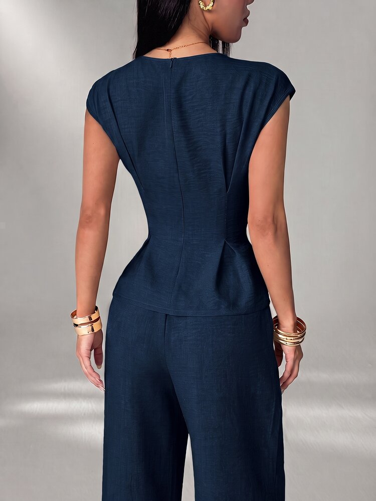 SHEIN PETITE Women Streetwear Ruffle Hem Top & Textured Pants 2pcs Set - Navy Blue - View 2