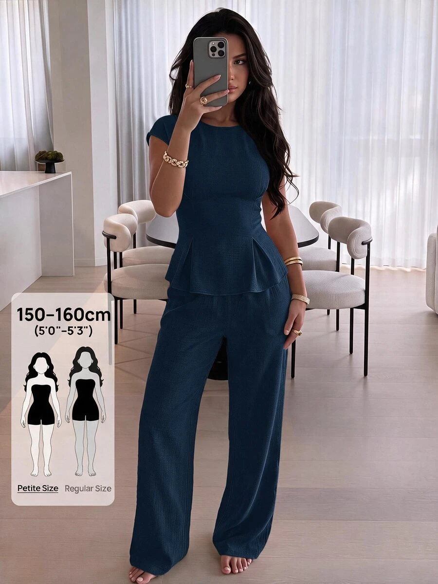 SHEIN PETITE 女款街頭風荷葉邊下擺上衣與紋理長褲兩件套 - 藏蓝色 - 查看 1