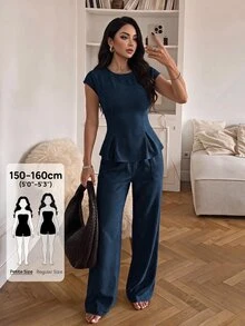 SHEIN PETITE 女款街頭風荷葉邊下擺上衣與紋理長褲兩件套 - 藏蓝色 - 查看 6