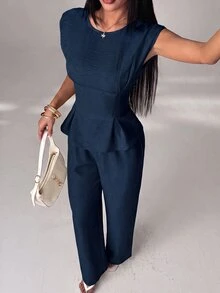 SHEIN PETITE 女款街頭風荷葉邊下擺上衣與紋理長褲兩件套 - 藏蓝色 - 查看 8