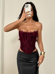 SHEIN PETITE 女款酒紅色對比蕾絲束胸塑形上衣 派對夜店夏季性感款 - 酒紅色 - 查看 6