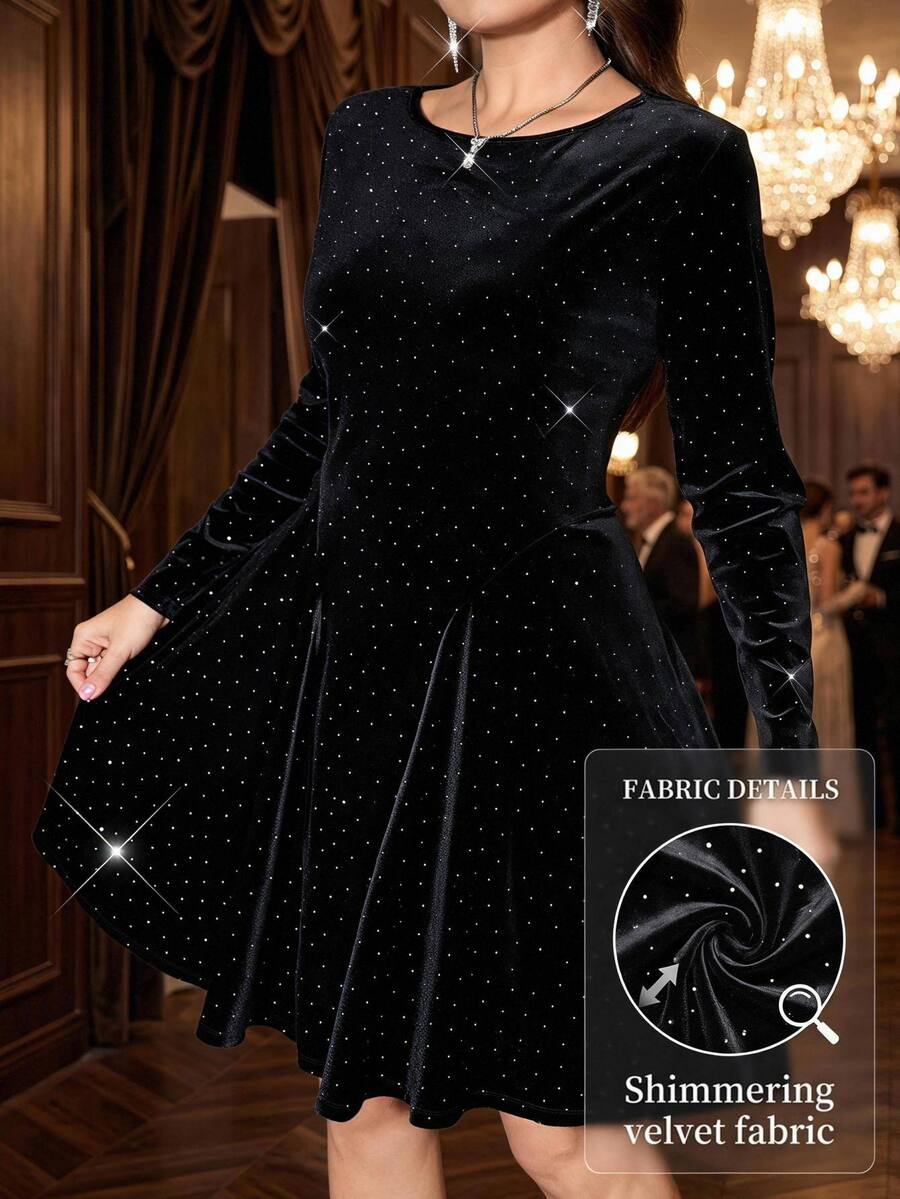 Reflora Plus Size Velvet Rhinestone Embellished Fitted Evening Party Dress, Autumn/Winter Christmas - Black - View 1
