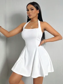 VaVaBold Solid Backless Halter Neck Dress - White - View 6