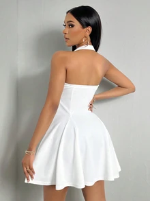 VaVaBold Solid Backless Halter Neck Dress - White - View 3
