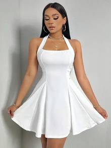 VaVaBold Solid Backless Halter Neck Dress - White - View 8