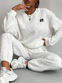 SHEIN Women's Letter Graphic Crew Neck Drop Shoulder Long Sleeve Loose Sweatshirt And Pants Casual 2-Piece Set - White - View 3
