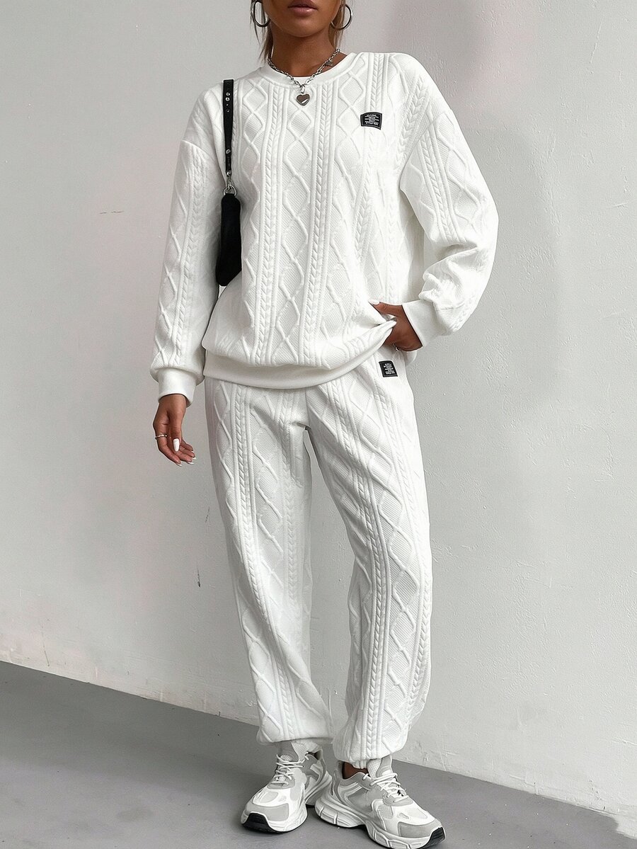 SHEIN Women's Letter Graphic Crew Neck Drop Shoulder Long Sleeve Loose Sweatshirt And Pants Casual 2-Piece Set - White - View 1