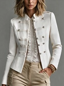SHEIN Women's Solid Color Stud Decor Casual Versatile Daily Wear Long Sleeve Jacket - White - View 6