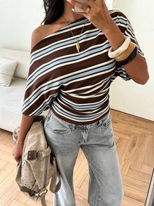 Aloruh ملابس علوية فضفاضة بكتف غير متماثل مع خصر مجعد، تي شيرت أساسي مخطط بأسلوب بسيط وأنيق - بني - مشاهدة 4