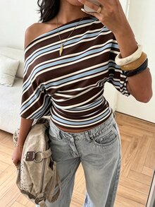 Aloruh ملابس علوية فضفاضة بكتف غير متماثل مع خصر مجعد، تي شيرت أساسي مخطط بأسلوب بسيط وأنيق - بني - مشاهدة 6