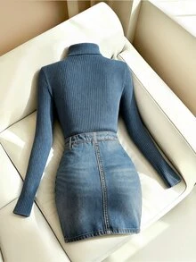 SHEIN Franclia Women's Long Sleeve Versatile Top And Denim Effect Print Mini Skirt 2 Pieces Set - Blue - View 2