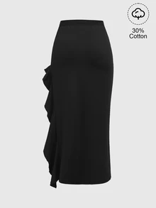 ROMWE Fairycore Women's Solid Color Patchwork Ruffle Side Slit Elegant Skirt - Black - View 2