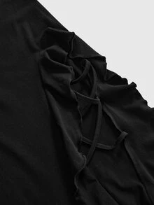 ROMWE Fairycore Women's Solid Color Patchwork Ruffle Side Slit Elegant Skirt - Black - View 3