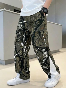 男童迷彩印花工裝牛仔長褲，彈性腰頭配金屬鈕扣開合設計，大側蓋口袋，寬鬆大腿水洗牛仔褲，適合返校、日常穿著、戶外露營、徒步、聚會、假期出遊，可搭配衛衣、T恤打造酷炫街頭風青少年穿搭 - 棕色 - 查看 3