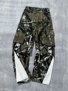 男童迷彩印花工裝牛仔長褲，彈性腰頭配金屬鈕扣開合設計，大側蓋口袋，寬鬆大腿水洗牛仔褲，適合返校、日常穿著、戶外露營、徒步、聚會、假期出遊，可搭配衛衣、T恤打造酷炫街頭風青少年穿搭 - 棕色 - 查看 4
