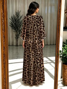 Mulvari 復古卡其黑棕豹紋女款長洋裝，秋冬/夏季時尚珍珠飾邊V領開衩喇叭袖寬鬆長裙，適合日常休閒居家與度假旅行穿搭，阿拉伯風服飾 - 彩色 - 查看 2