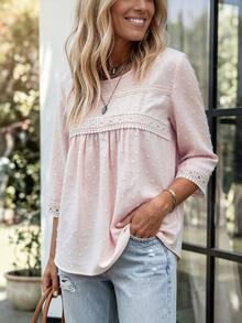 LanaWest Women's Water-Soluble Lace Patchwork Casual Daily Shirt - Pink - View 2