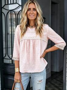 LanaWest Women's Water-Soluble Lace Patchwork Casual Daily Shirt - Pink - View 6