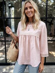 LanaWest Women's Water-Soluble Lace Patchwork Casual Daily Shirt - Pink - View 5