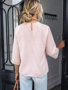 LanaWest Women's Water-Soluble Lace Patchwork Casual Daily Shirt - Pink - View 3
