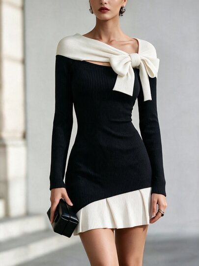 SHEIN Robe femme style sexy en tricot blocs de couleurs noir & blanc avec grand nœud, épaule asymétrique, détail cape et manches longues asymétriques