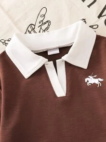 SHEIN Playful Pals 2件組女童條紋領長袖針織上衣與長褲套裝 時尚兒童休閒套裝 S號 - 棕色 - 查看 8