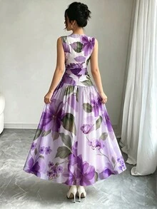 Modelyn 橘色大花卉植物圖案法式風長洋裝，女款低領無袖收腰長裙，抓皺腰部設計，淺杏色雪紡花卉洋裝，夏季度假風穿搭，優雅日常穿著 - 彩色 - 查看 2