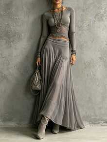LUMIGAL Setelan 2 Potong Chiffon Bergaris Renda Elegan untuk Wanita - Grey - View 4