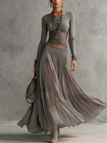 LUMIGAL Setelan 2 Potong Chiffon Bergaris Renda Elegan untuk Wanita - Grey - View 3