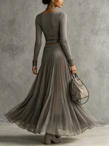LUMIGAL Setelan 2 Potong Chiffon Bergaris Renda Elegan untuk Wanita - Grey - View 2