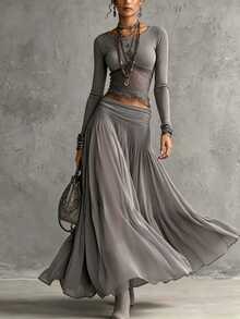 LUMIGAL Setelan 2 Potong Chiffon Bergaris Renda Elegan untuk Wanita - Grey - View 1