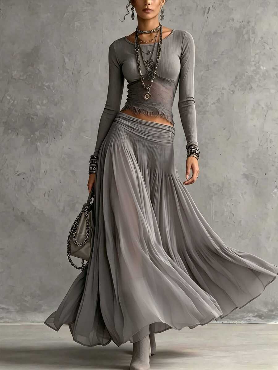 LUMIGAL Setelan 2 Potong Chiffon Bergaris Renda Elegan untuk Wanita - Grey - View 1