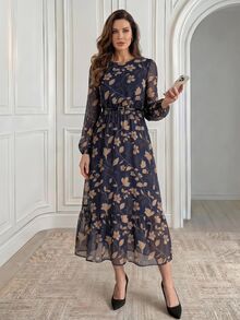 Medorina Gaun Panjang Wanita Elegan Bergaya Vintage Chic, Motif Bunga dan Ruffle, Bahan Chiffon Biru Tua, Potongan Ramping dengan Sabuk, Cocok untuk Kerja, Kantor, Pesta, dan Musim Gugur/Musim Dingin. - MultiWarna - View 1
