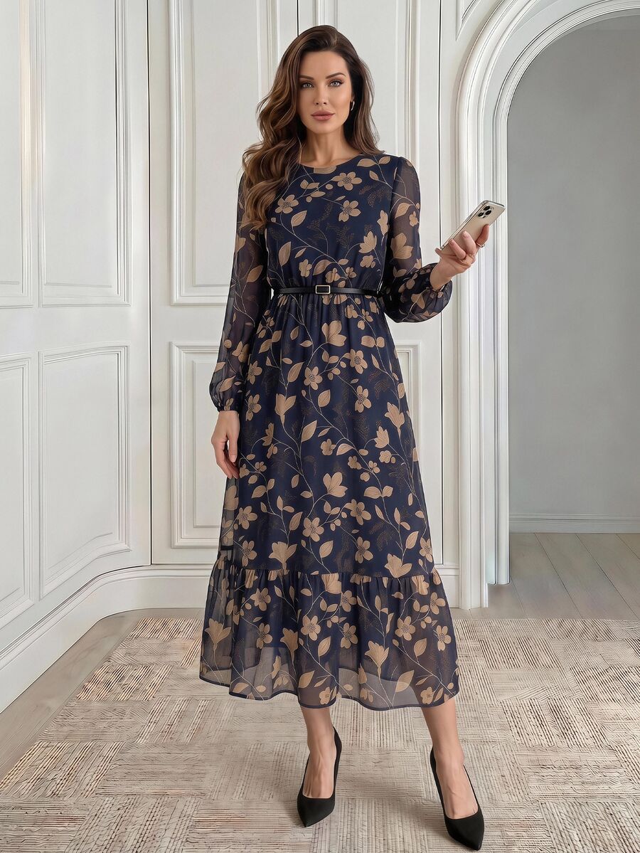 Medorina Gaun Panjang Wanita Elegan Bergaya Vintage Chic, Motif Bunga dan Ruffle, Bahan Chiffon Biru Tua, Potongan Ramping dengan Sabuk, Cocok untuk Kerja, Kantor, Pesta, dan Musim Gugur/Musim Dingin. - MultiWarna - View 1