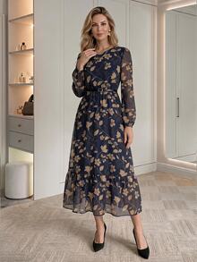 Medorina Gaun Panjang Wanita Elegan Bergaya Vintage Chic, Motif Bunga dan Ruffle, Bahan Chiffon Biru Tua, Potongan Ramping dengan Sabuk, Cocok untuk Kerja, Kantor, Pesta, dan Musim Gugur/Musim Dingin. - MultiWarna - View 6