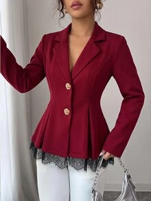 Modelyn Contrast Lace Fold Pleated Metal Floral Placket Blazer - Burgundy - View 8