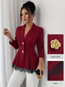 Modelyn Contrast Lace Fold Pleated Metal Floral Placket Blazer - Burgundy - View 3
