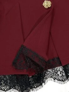 Modelyn Contrast Lace Fold Pleated Metal Floral Placket Blazer - Burgundy - View 5