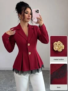 Modelyn Contrast Lace Fold Pleated Metal Floral Placket Blazer - Burgundy - View 6
