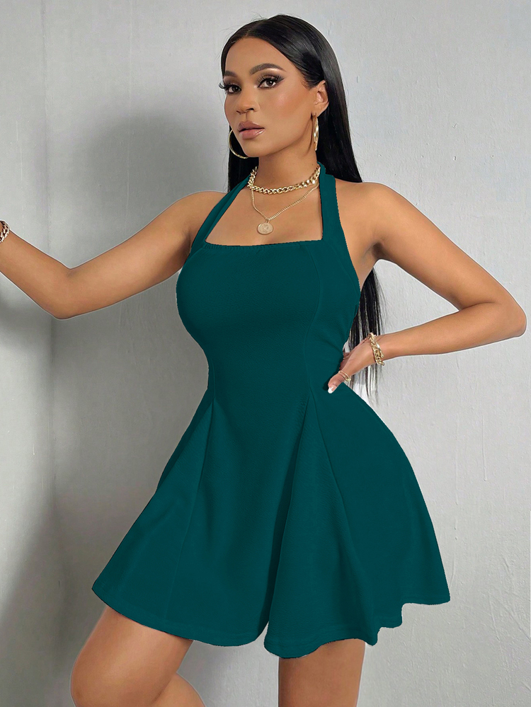 Zolique Ladies' Solid Color Halter Neck Dress - Dark Green - View 6