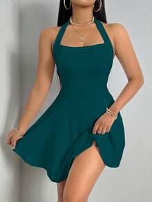 Zolique Ladies' Solid Color Halter Neck Dress - Dark Green - View 3
